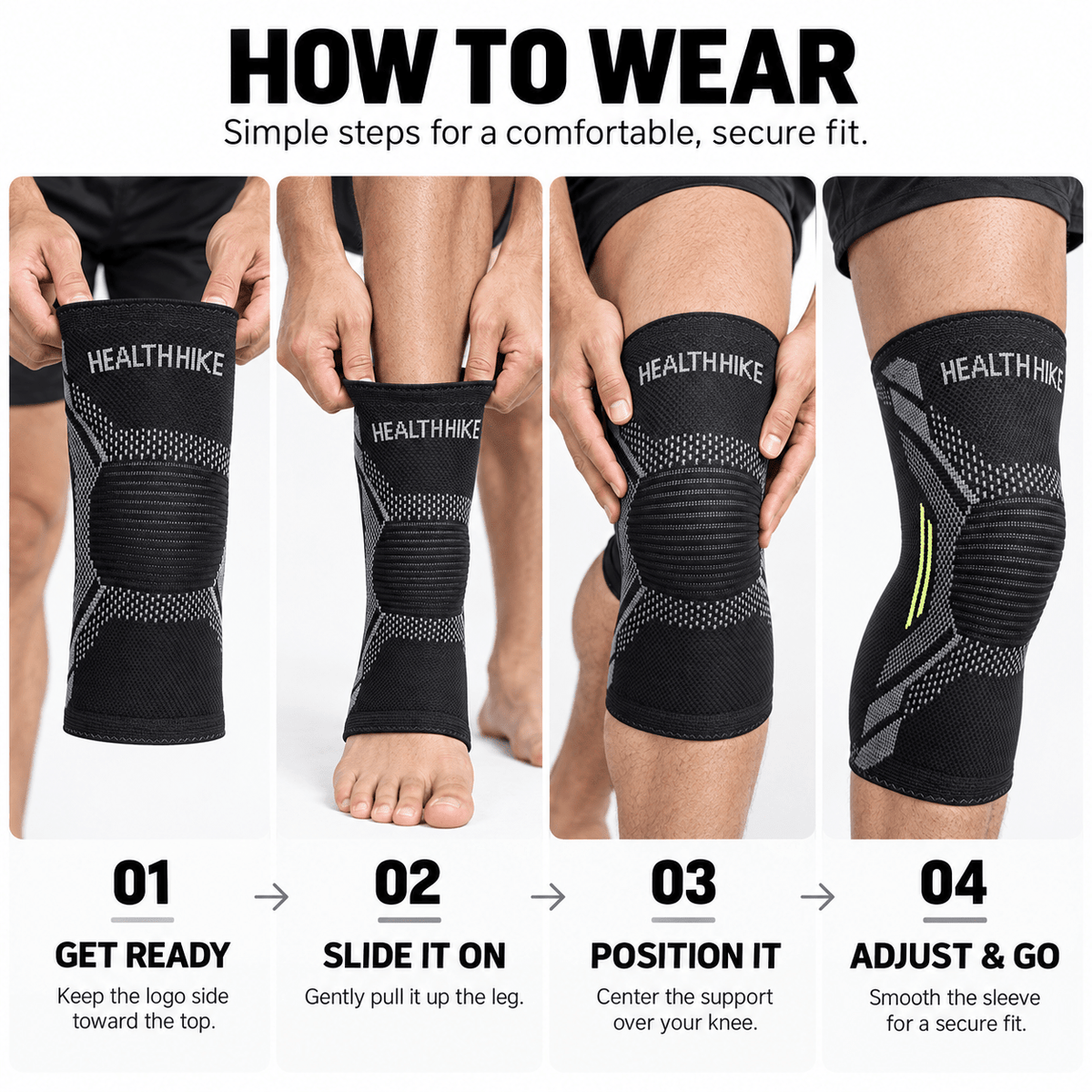 Four-step guide showing how to wear, position and adjust the HealthHike Black Knee Sleeve for a secure fit.