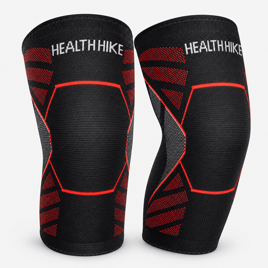 Pair of HealthHike Red Knee Compression Sleeves with black knitted fabric, red patterns and textured knee panels.