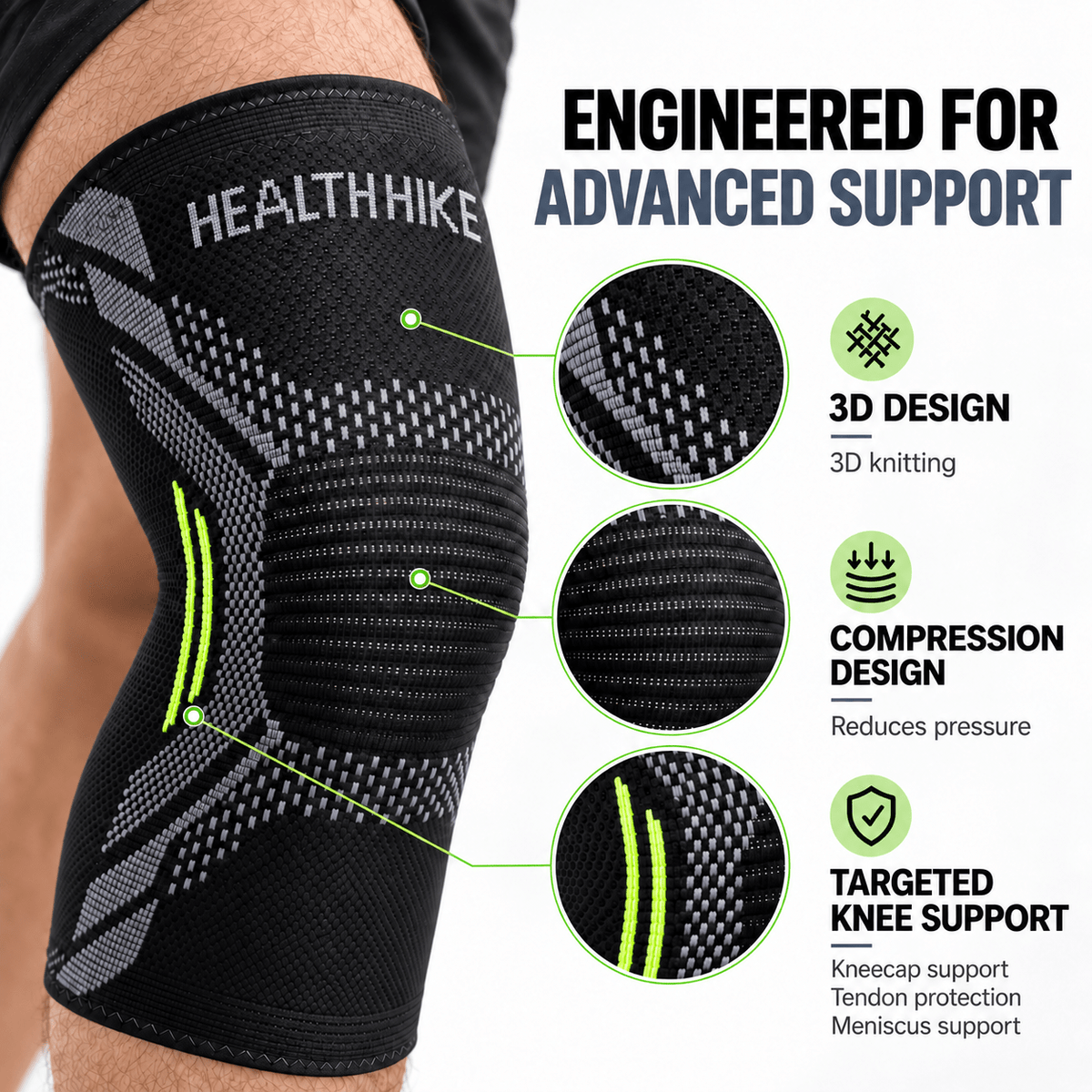 HealthHike Black Knee Compression Sleeve highlighting 3D knit texture, ribbed compression panel and targeted knee support.