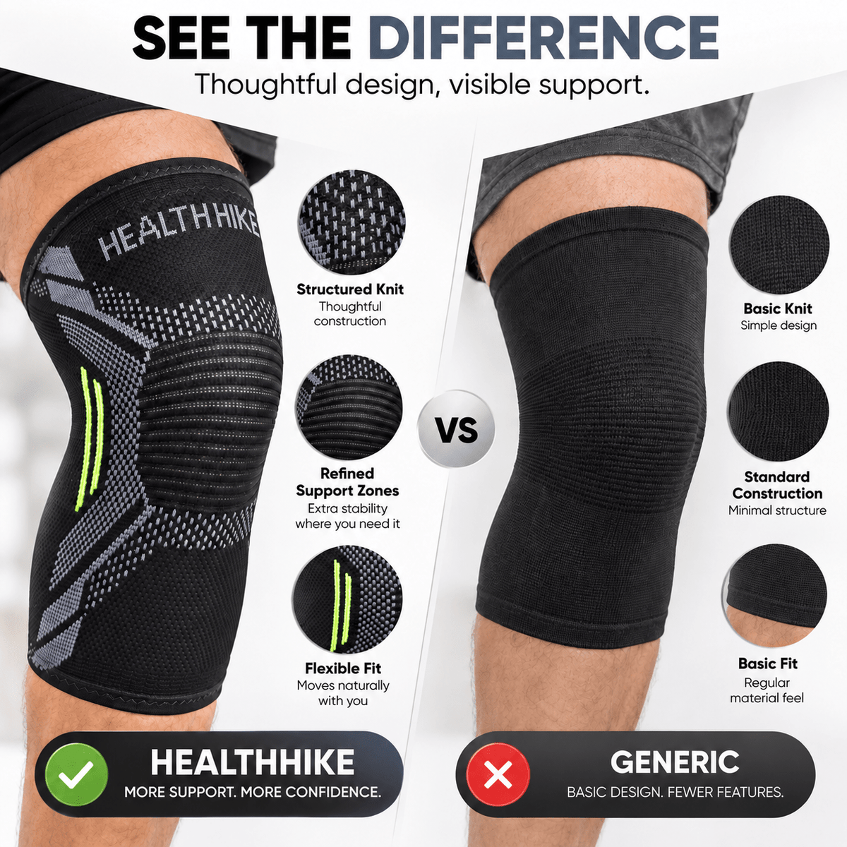 HealthHike Black Knee Compression Sleeve compared with a generic sleeve, highlighting structured knit and flexible fit.