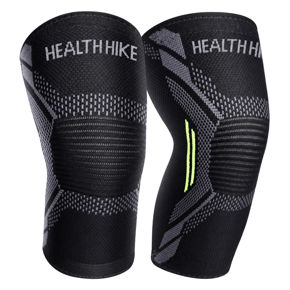 Pair of HealthHike Black Knee Compression Sleeves with grey patterns and textured knee panels, shown from the front.