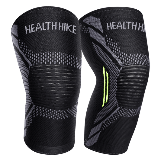 Pair of HealthHike Black Knee Compression Sleeves with grey patterns and textured knee panels, shown from the front.