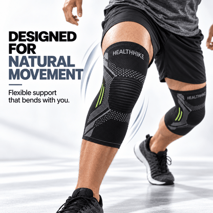 Athlete wearing HealthHike Black Knee Guards while lunging, demonstrating flexible support and natural movement.