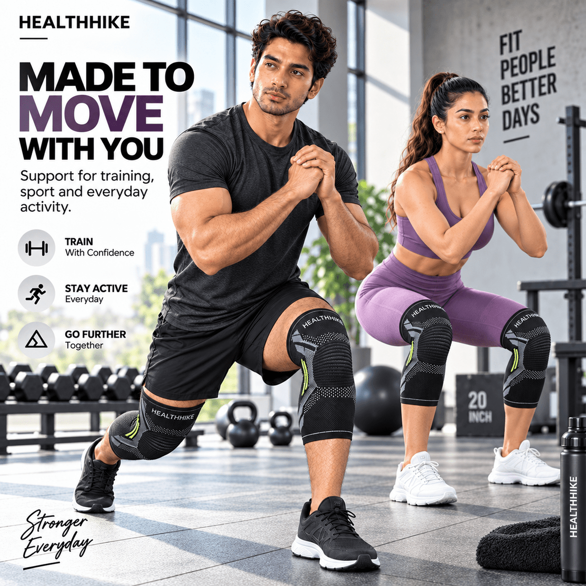 Man and woman wearing HealthHike Black Knee Guards while performing lunges and squats in a gym.