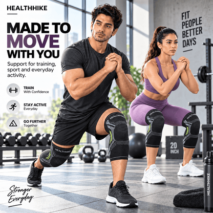 Man and woman wearing HealthHike Black Knee Guards while performing lunges and squats in a gym.