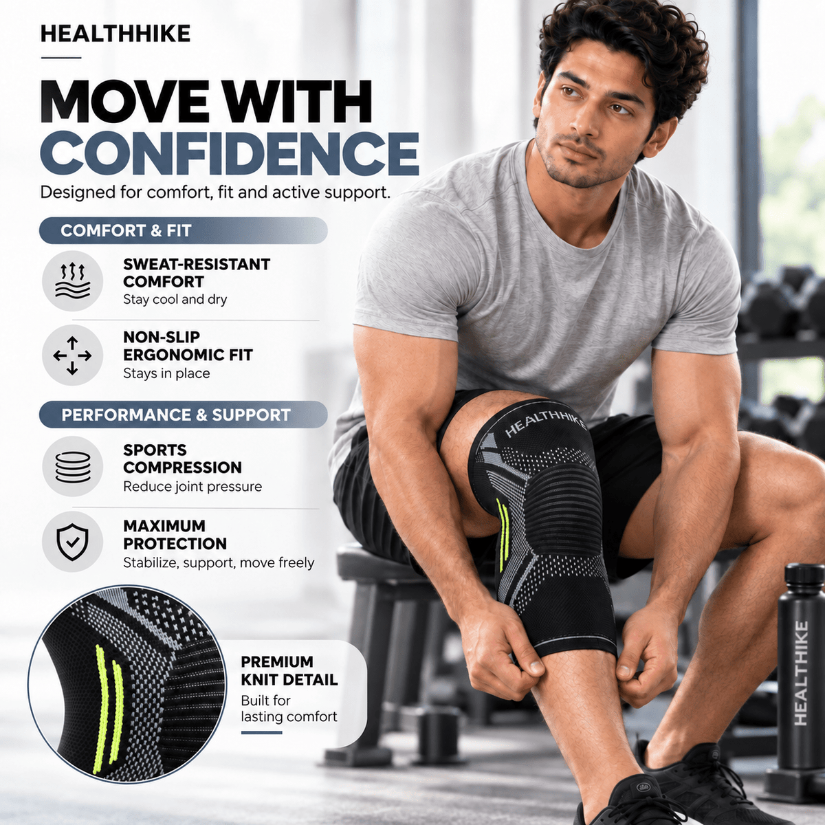 Athlete adjusting HealthHike Black Knee Sleeve in a gym, highlighting ergonomic fit, compression and knitted fabric.