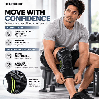 Athlete adjusting HealthHike Black Knee Sleeve in a gym, highlighting ergonomic fit, compression and knitted fabric.