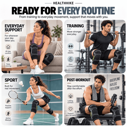 HealthHike Black Knee Support Gear worn during weight training, badminton, everyday activities and post-workout rest.